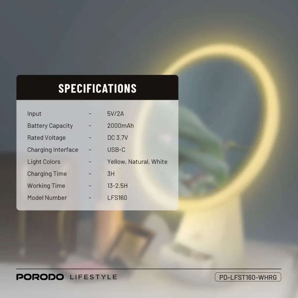 Porodo lifestyle Led Illuminated Mirror - White-Rose Gold.webp