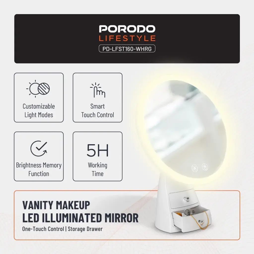 Porodo lifestyle Led Illuminated Mirror - White-Rose Gold0.webp