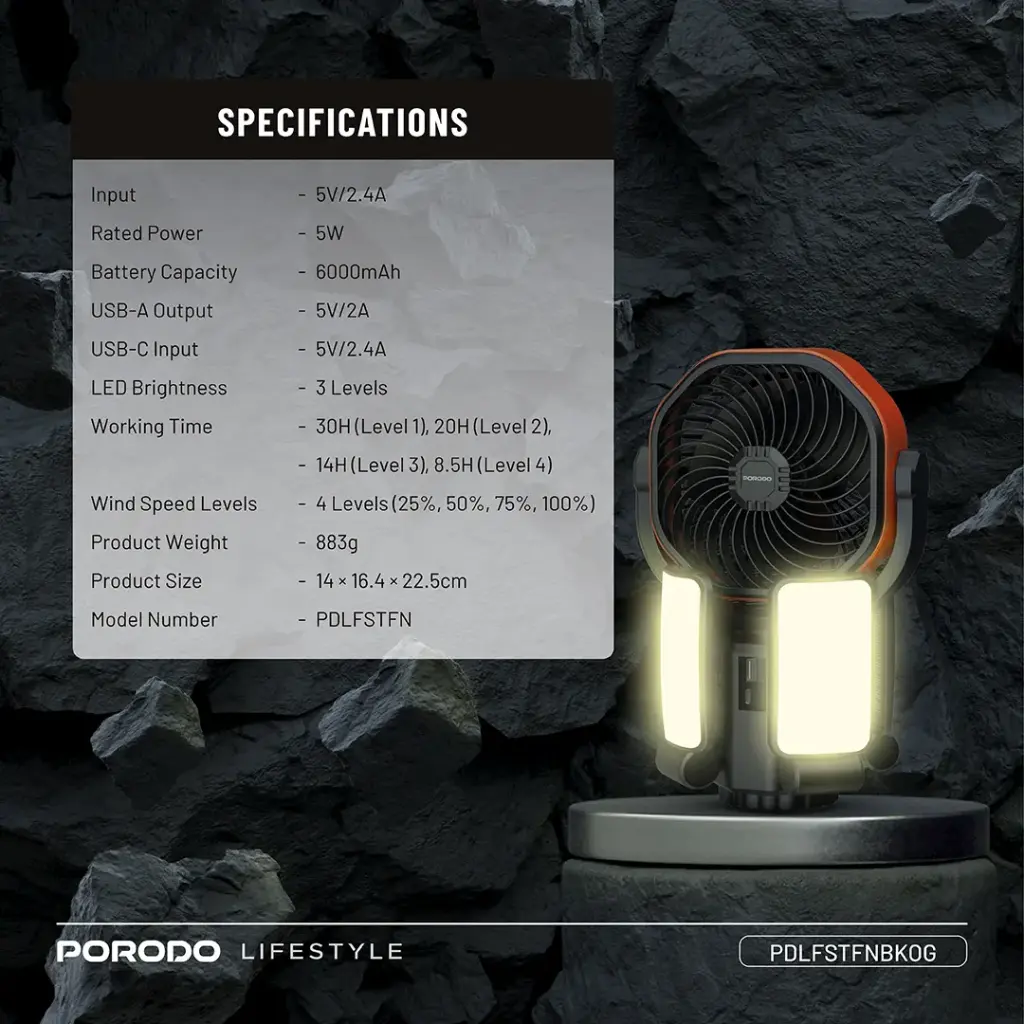 Porodo Lifestyle Suncharge Outdoor Solar Fan - Black & Orange.webp