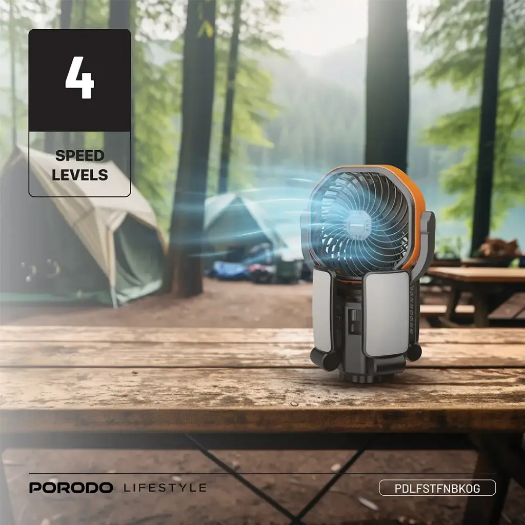 Porodo Lifestyle Suncharge Outdoor Solar Fan - Black & Orange 223.webp