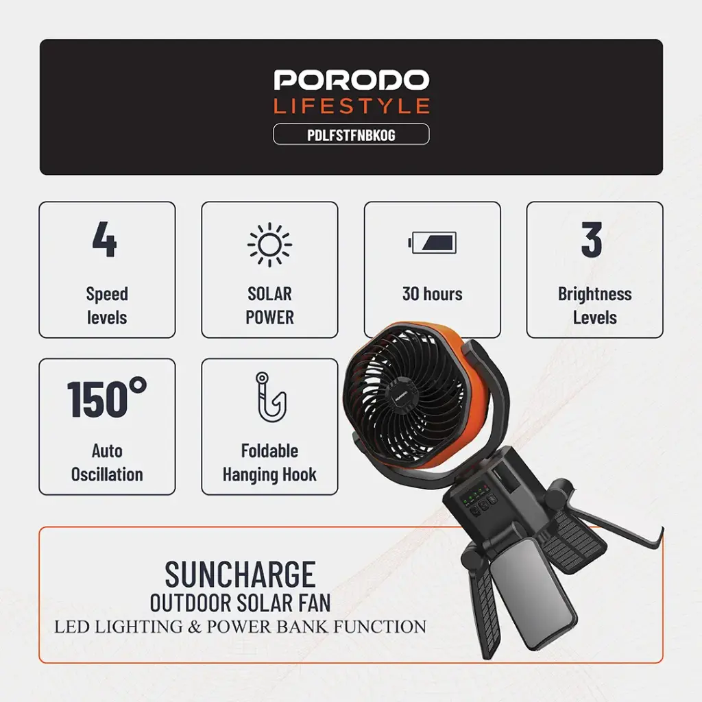 Porodo Lifestyle Suncharge Outdoor Solar Fan - Black & Orange 123.webp