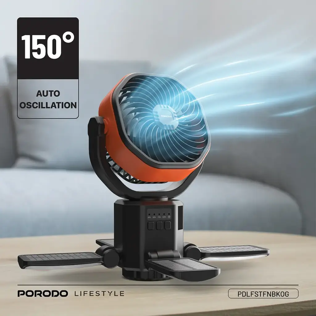 Porodo Lifestyle Suncharge Outdoor Solar Fan - Black & Orange 654.webp
