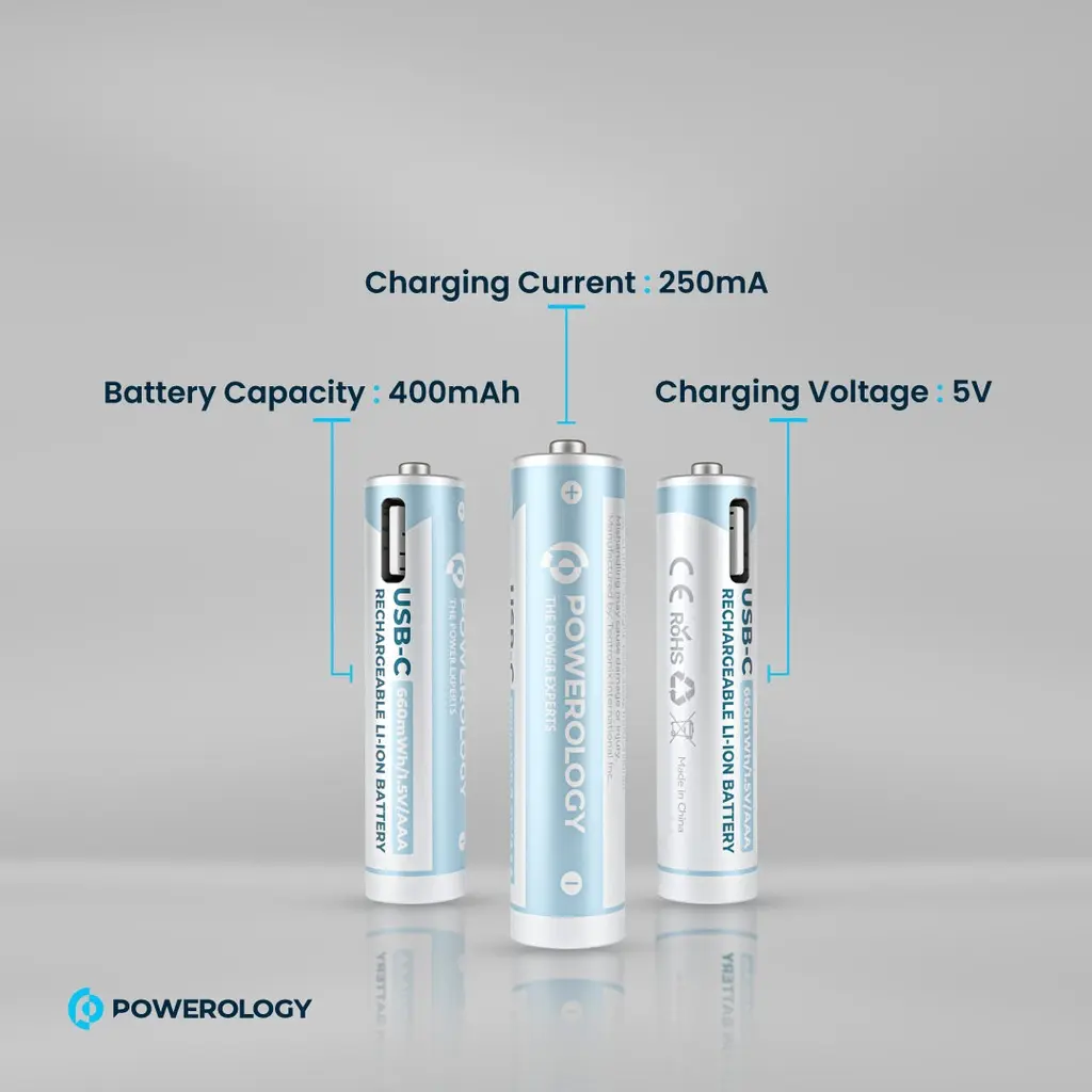Powerology 1.5V Type-c Rechargeable Lithium-ion Battery AAA Battery 660mWh 4pcs per Pac (2).webp