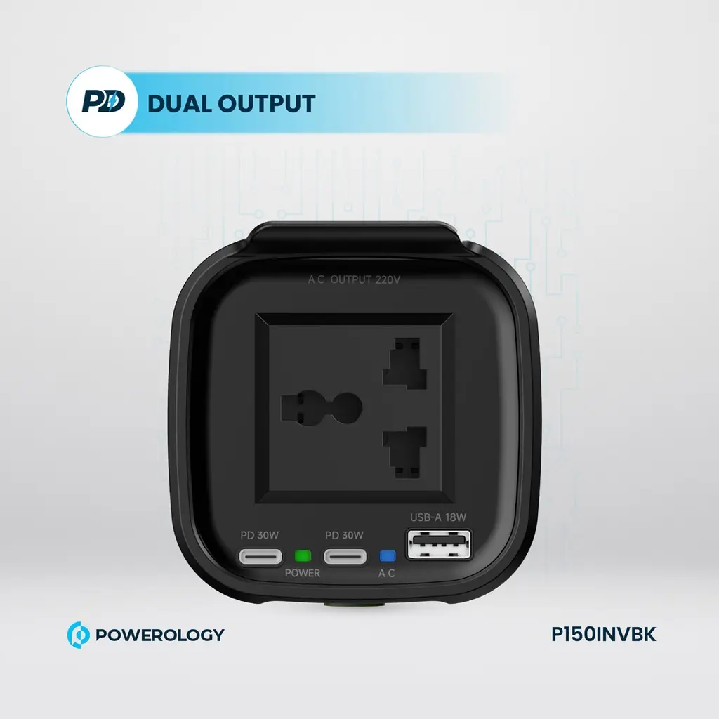 Powerology 150W Inverter AC Universal USB A 2type-C DC Car 12V10A - Black (1).webp