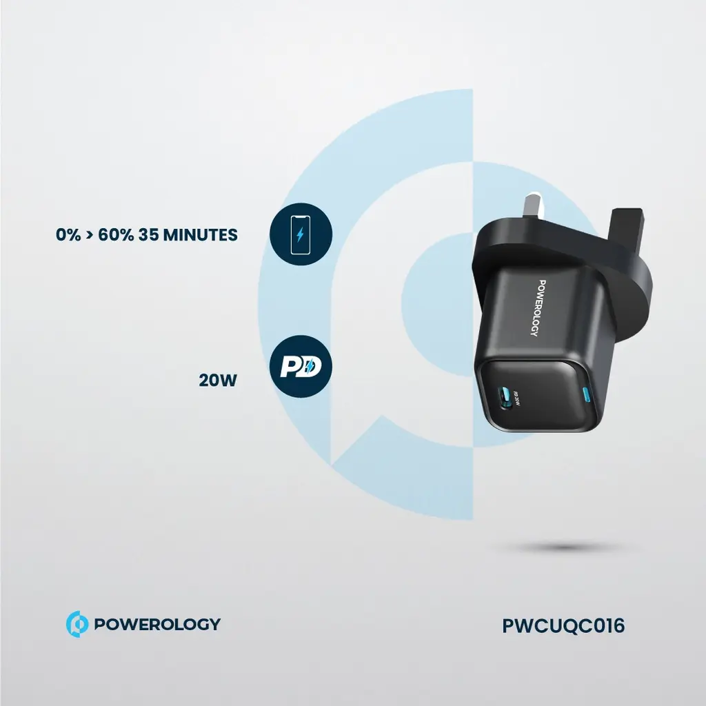 Powerology 20W Single C Port PD Charger UK - Black (1).webp