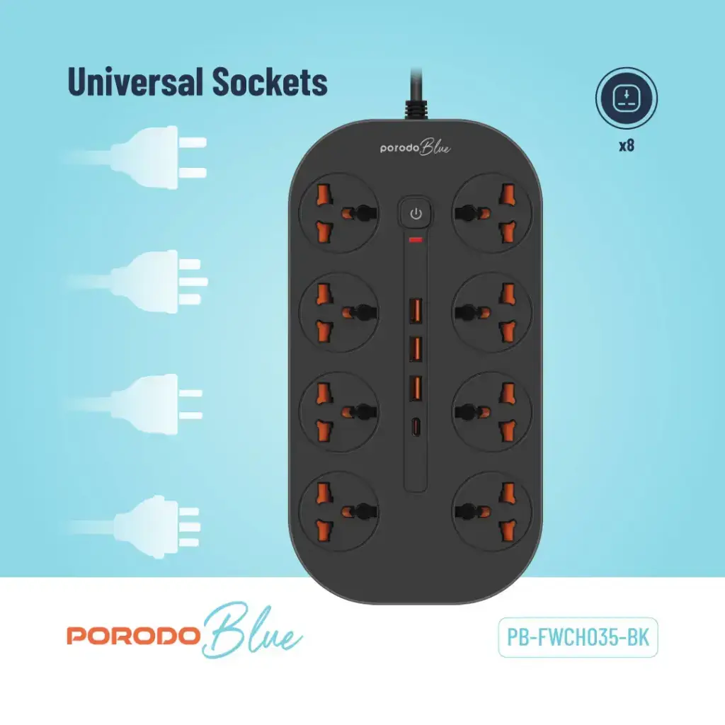 Porodo Blue 8 AC Power Strip - Black (1).webp