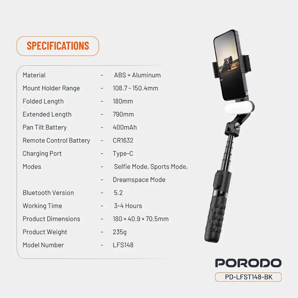 Porodo QuadBase Gimbal Stabilizer - Black.webp