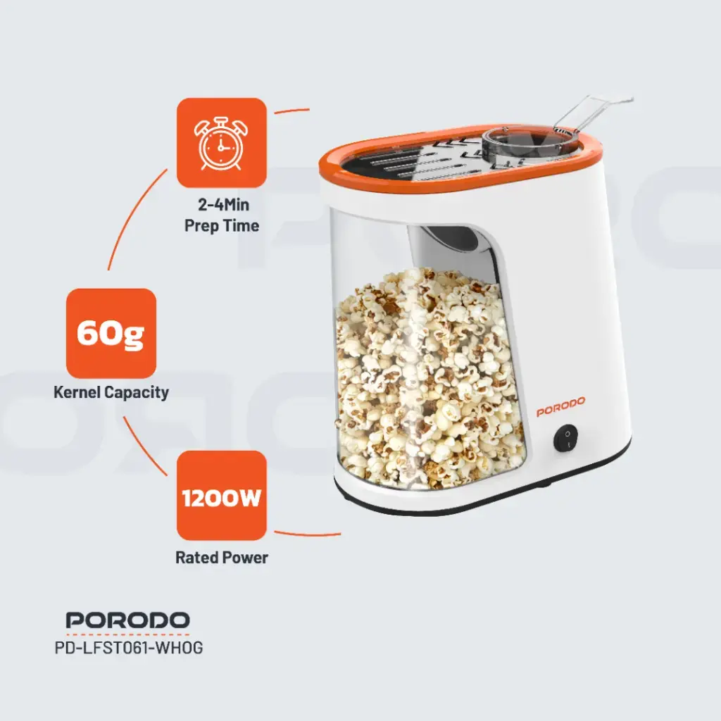 Porodo Lifestyle Air-Popped Popcorn Maker - White-Orange (3).webp