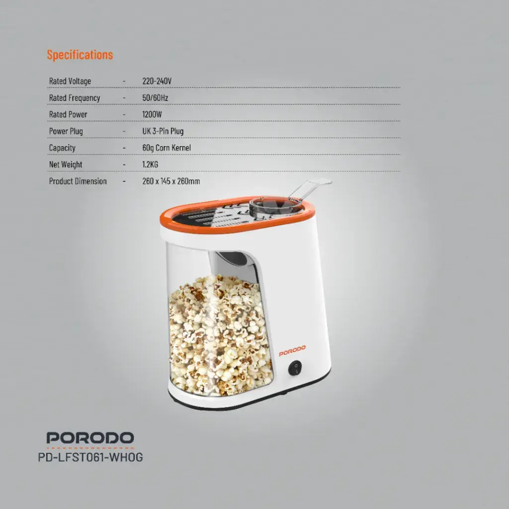 Porodo Lifestyle Air-Popped Popcorn Maker - White-Orange.webp