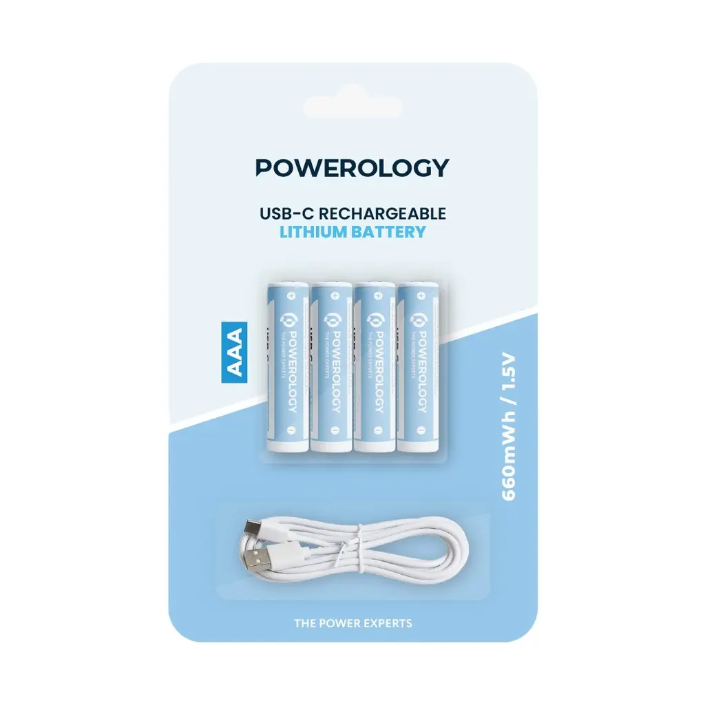 Powerology 1.5V Type-C Rechargeable Lithium-ion Battery AAA Battery 660mWh 4pcs per Pack PAAAV2RBT