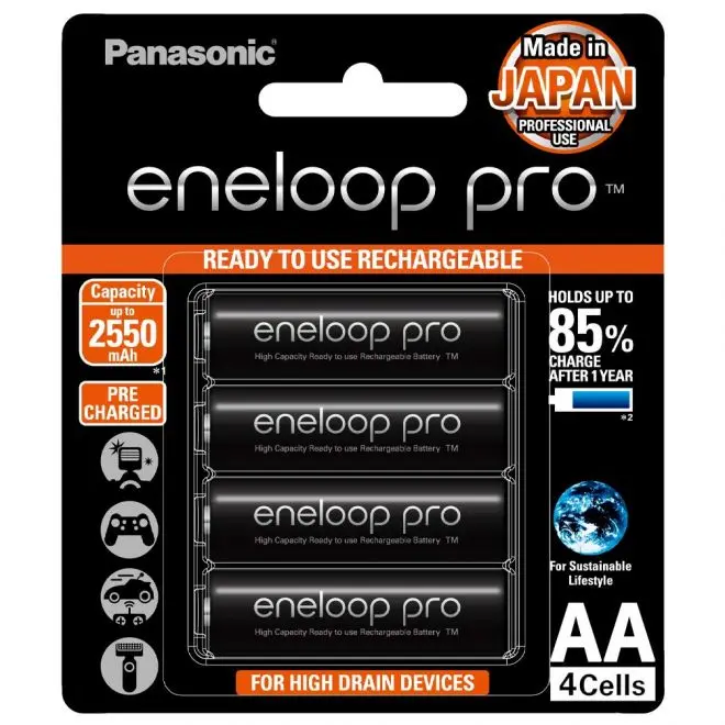 Panasonic Eneloop Pro AA Rechargeable Battery 2450MAH Pack of 4 BK-3HCCE/4BT