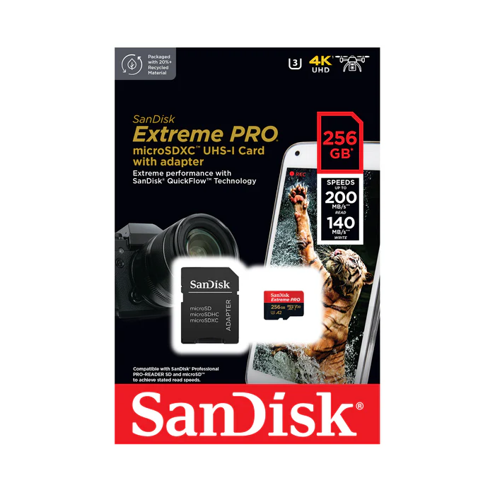 SanDisk Extreme Pro 200Mbps 256GB MicroSDXC UHS-I Card with Adapter SDSQXCD-256G-GN6MA