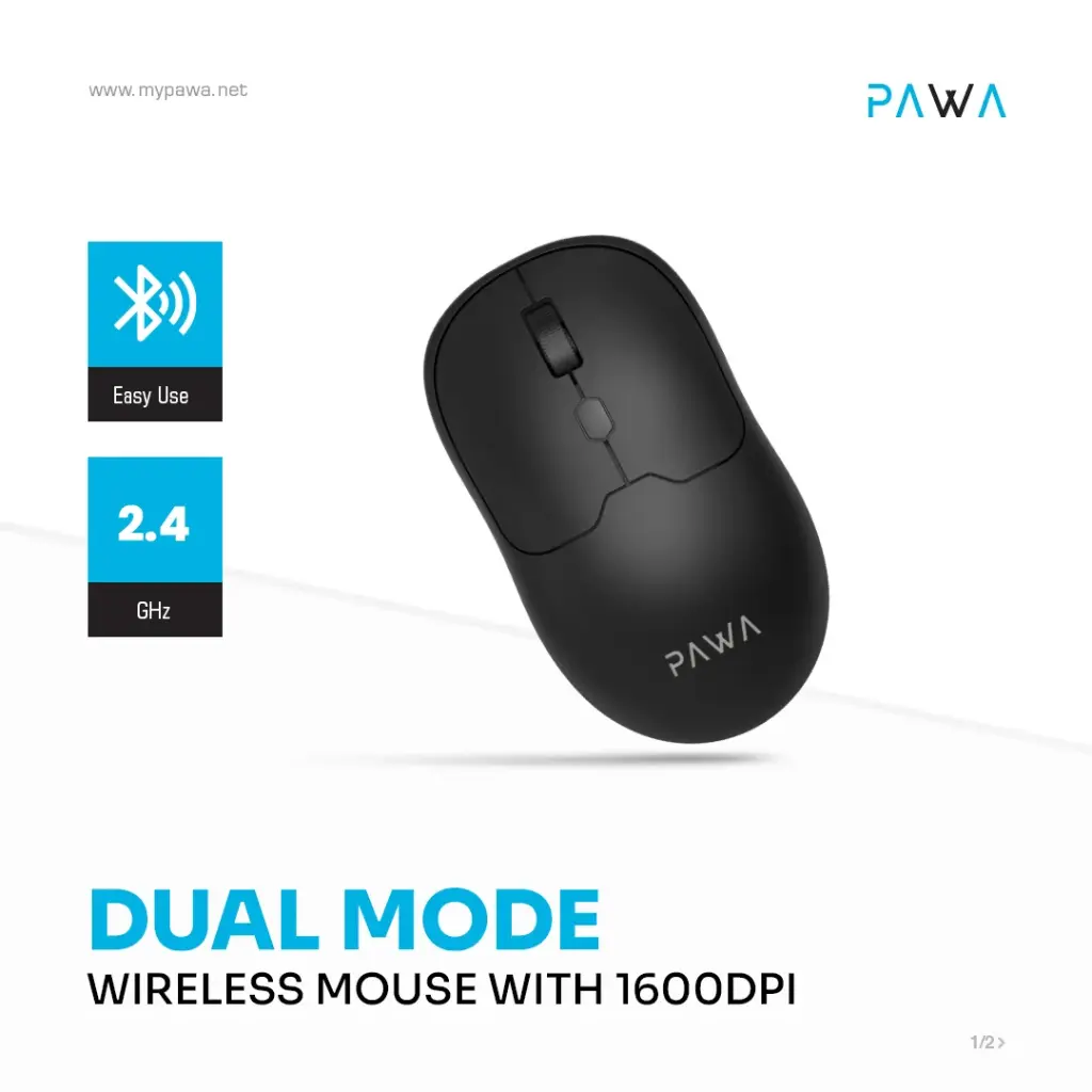 Pawa Dual Mode Wireless Mouse with 1600DPI Black PW-CABTMK16-BK