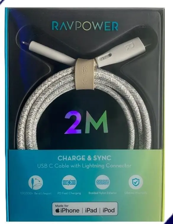 Ravpower 2Mtr Charge&Sync Braided USB-C to Lightning Cable Green RP.CB1018.GN