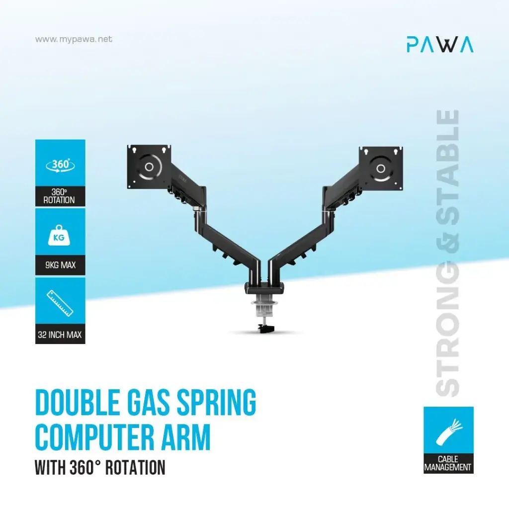 Pawa Double Gas Spring Computer Arm Black PW-CASGSM54-BK