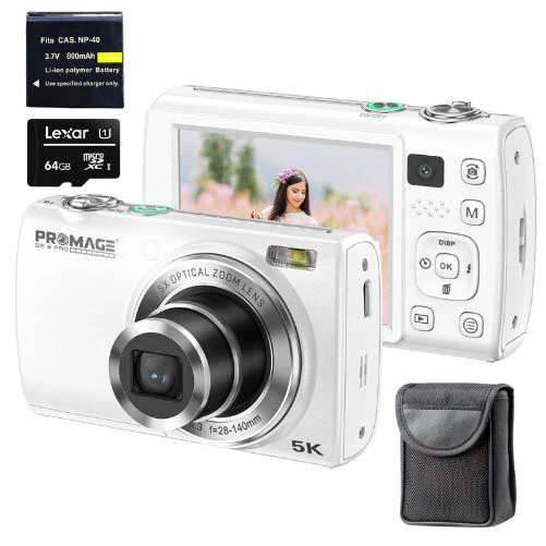 Promage 5K Ultra HD+ 64MP 5X Optical Zoom Dual Lens Digital Camera PC275 White