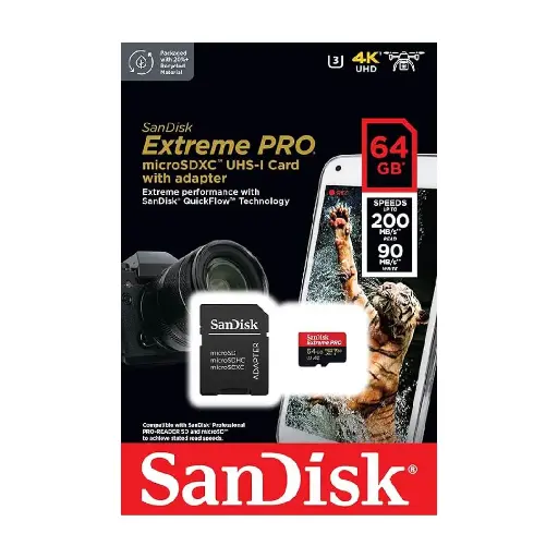 [619659188573] SanDisk Extreme Pro 200Mbps 64GB MicroSDXC UHS-I Card with Adapter SDSQXCU-064G-GN6MA V30