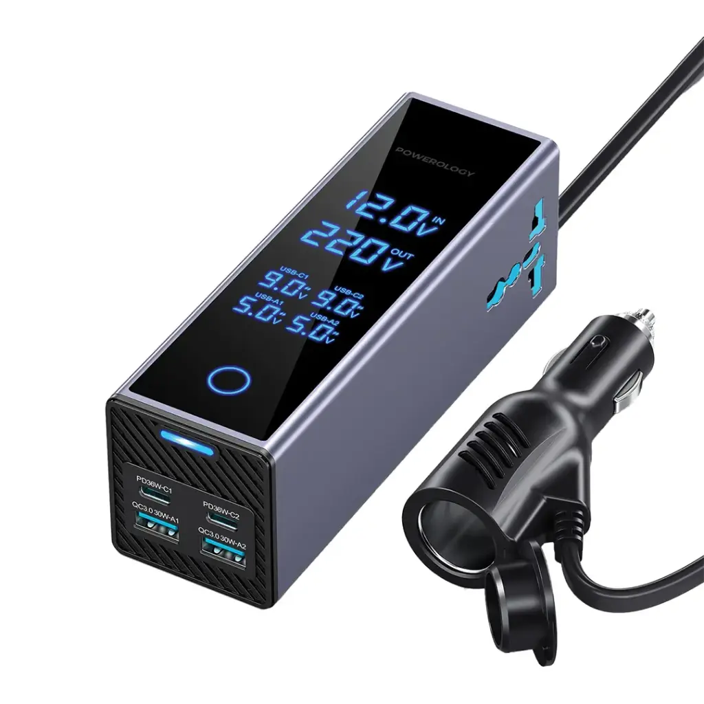 Powerology 300W Car Power Inverter Universal Plug With Digital Display Grey PWCUQC044
