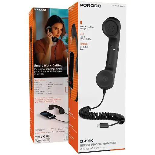 [6284302723568] Porodo Classic Retro Phone Handset With Type-C Connector PD3286BK