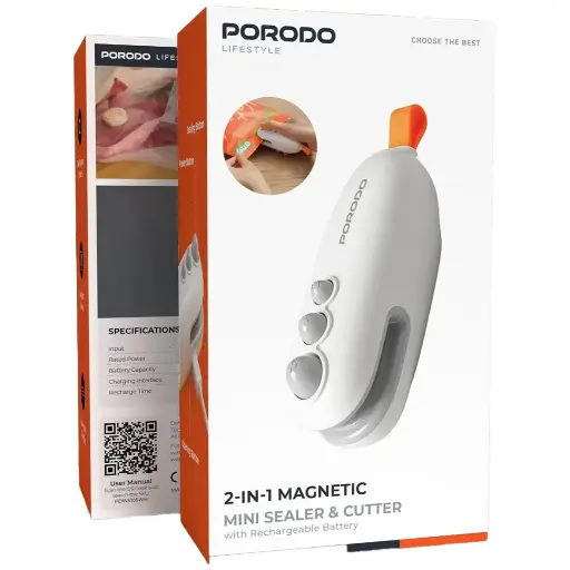 [6284302725098] Porodo LifeStyle 2in1 Magnetic Mini Sealer & Cutter PDWS105WH