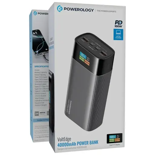 [6284302707728] Powerology VoltEdge 40000mAh Power Bank With PD100w & Smart TFT Display PPBCHA87GY