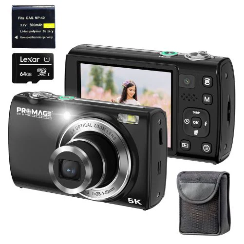 [799833001475] Promage 5K Ultra HD+ 64MP 5X Optical Zoom Dual Lens Digital Camera PC275 Black